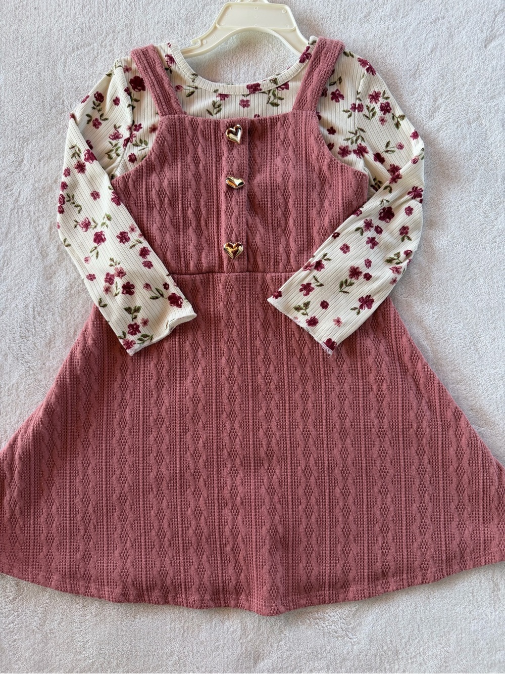 Love Rose Pink Knit Pinafore with Floral Cream Top Size 5